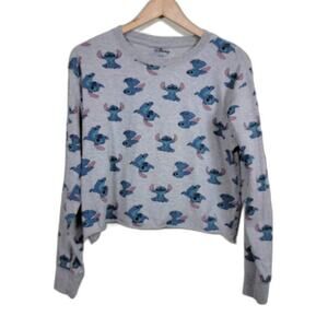 Disney Stitch Long Sleeve Crop Top Women Size M Gray Graphic Raw Hem